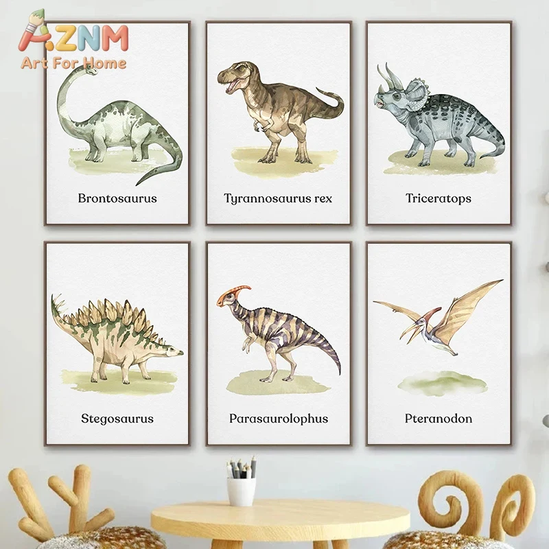 Kids Education Name - ภาพวาดไดโนเสาร์สีน้ำบนผ้าใบสำหรับตกแต่งผนัง AZNM, ภาพพิมพ์ลายสัตว์ยุคก่อนประวัติศาสตร์เพื่อการศึกษาสำหรับห้องเด็ก, โปสเตอร์ชื่อไดโนเสาร์สำหรับห้องเด็กอ่อน, ไม่มีกรอบ
