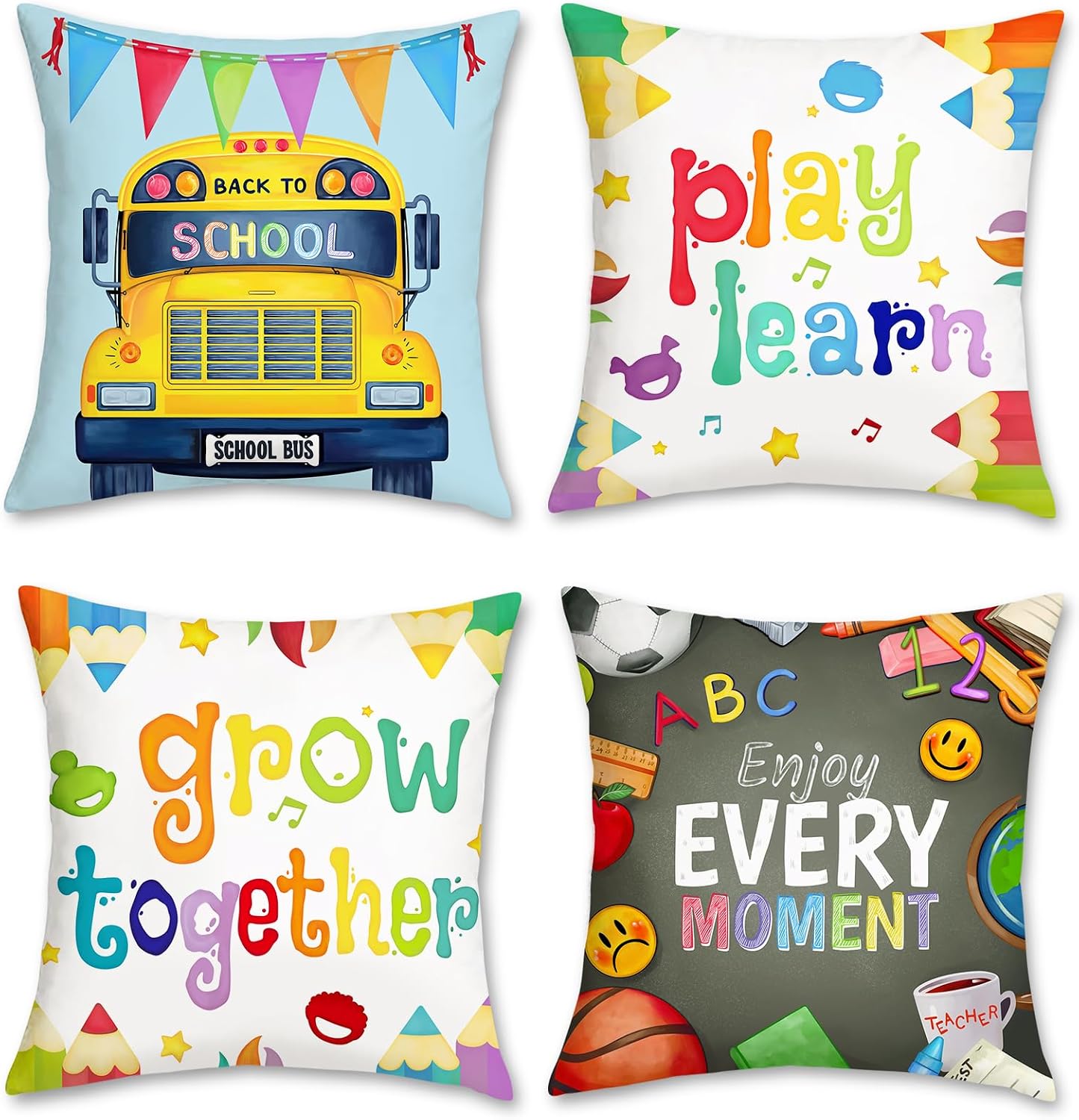 Kids Education Motivation - ชุดปลอกหมอนอิง 4 ชิ้น สำหรับเด็กกลับไปโรงเรียน ตกแต่งห้องเรียนเพื่อการเรียนรู้ สร้างแรงจูงใจและแรงบันดาลใจ